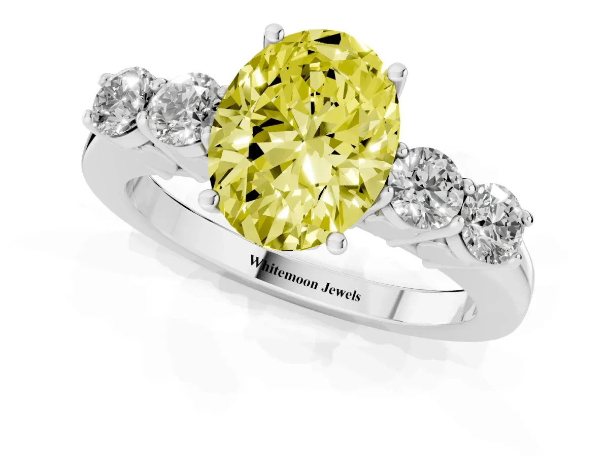 Fancy Yellow Oval Cut Cut Diamond Five-Stone Prong Set White Gold Ring Silver