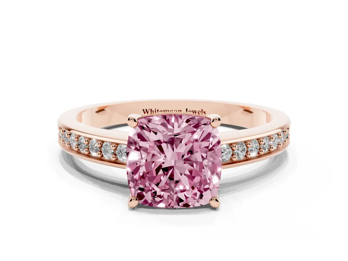 Fancy Pink Cushion Cut Solitaire Pavé Band Prong Setting Ring Rose gold