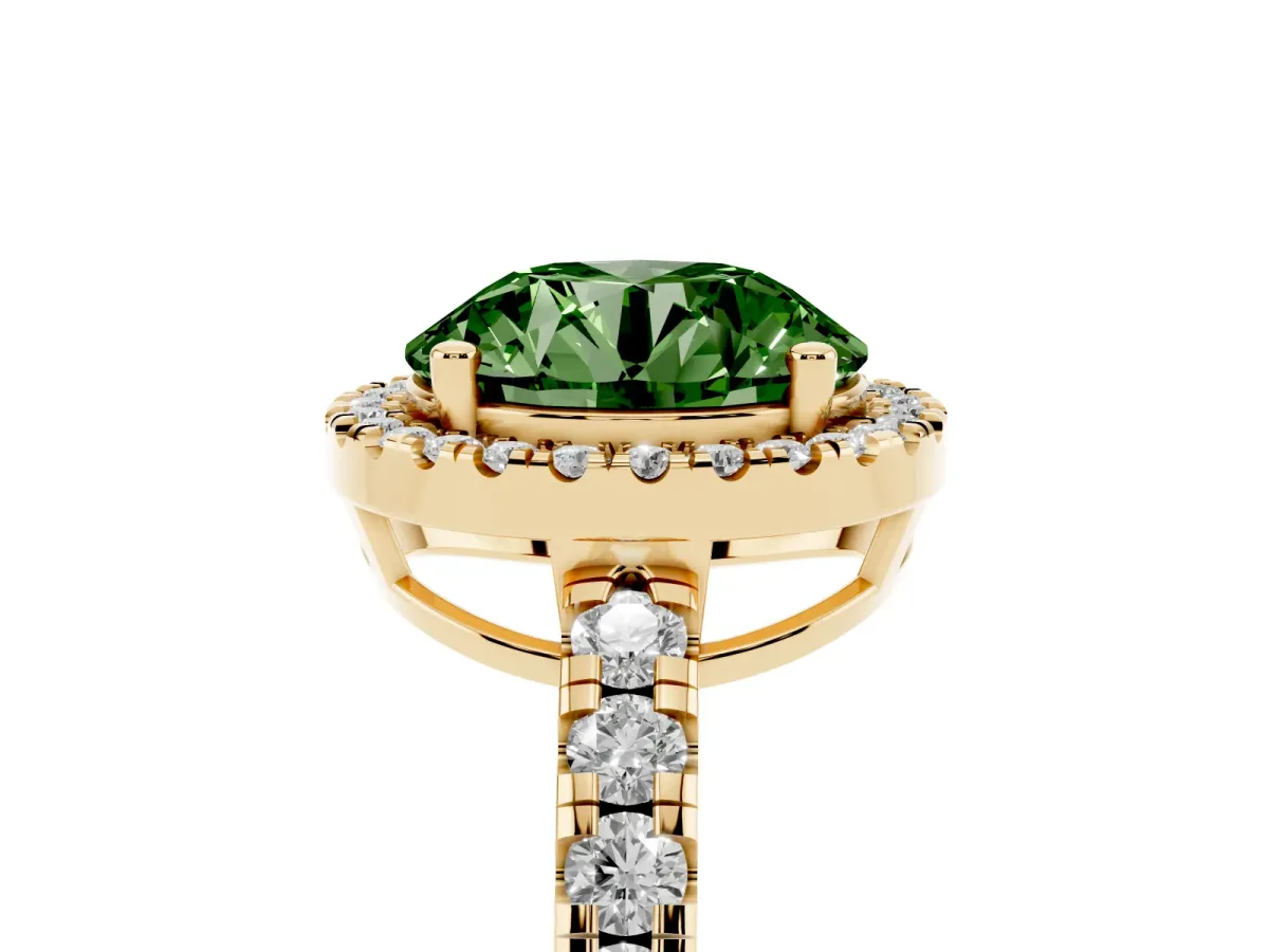 Fancy Green Round Cut Diamond Halo Ring with Pavé Band and Four-Prong Setting Yellow gold