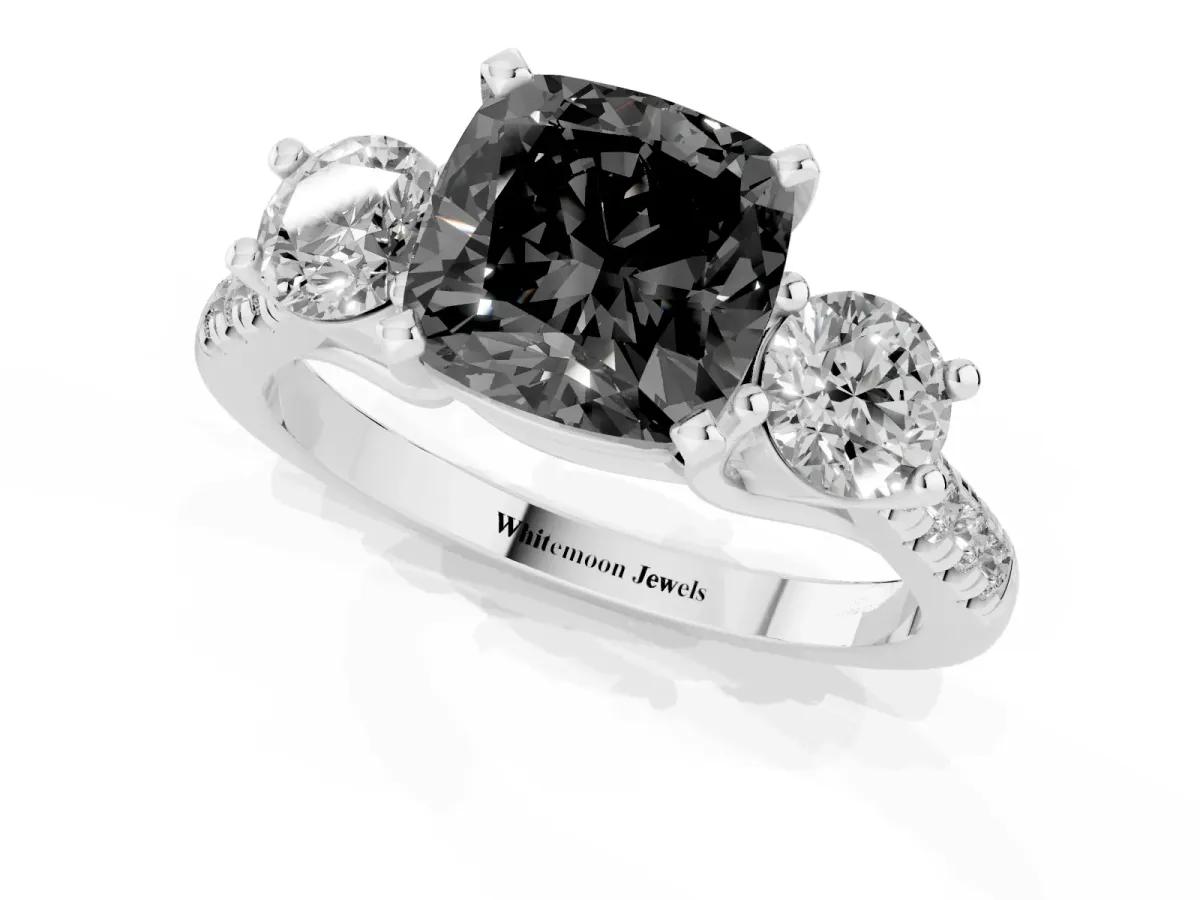 Fancy Black Three-Stone Cushion Cut Diamond Pavé Band with Four-Prong Setting Platinum