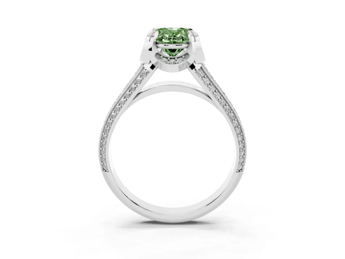 Fancy Green Oval Cut Solitaire Pave Split Shank Ring with Four-Prong Setting Platinum