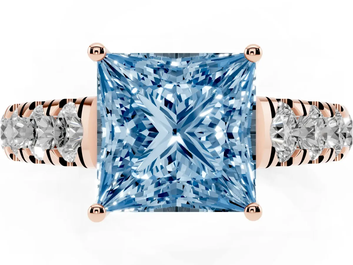 Fancy Blue Princess Cut Cut Diamond Solitaire Ring with Micro Pave Band and Prong Setting Rose gold