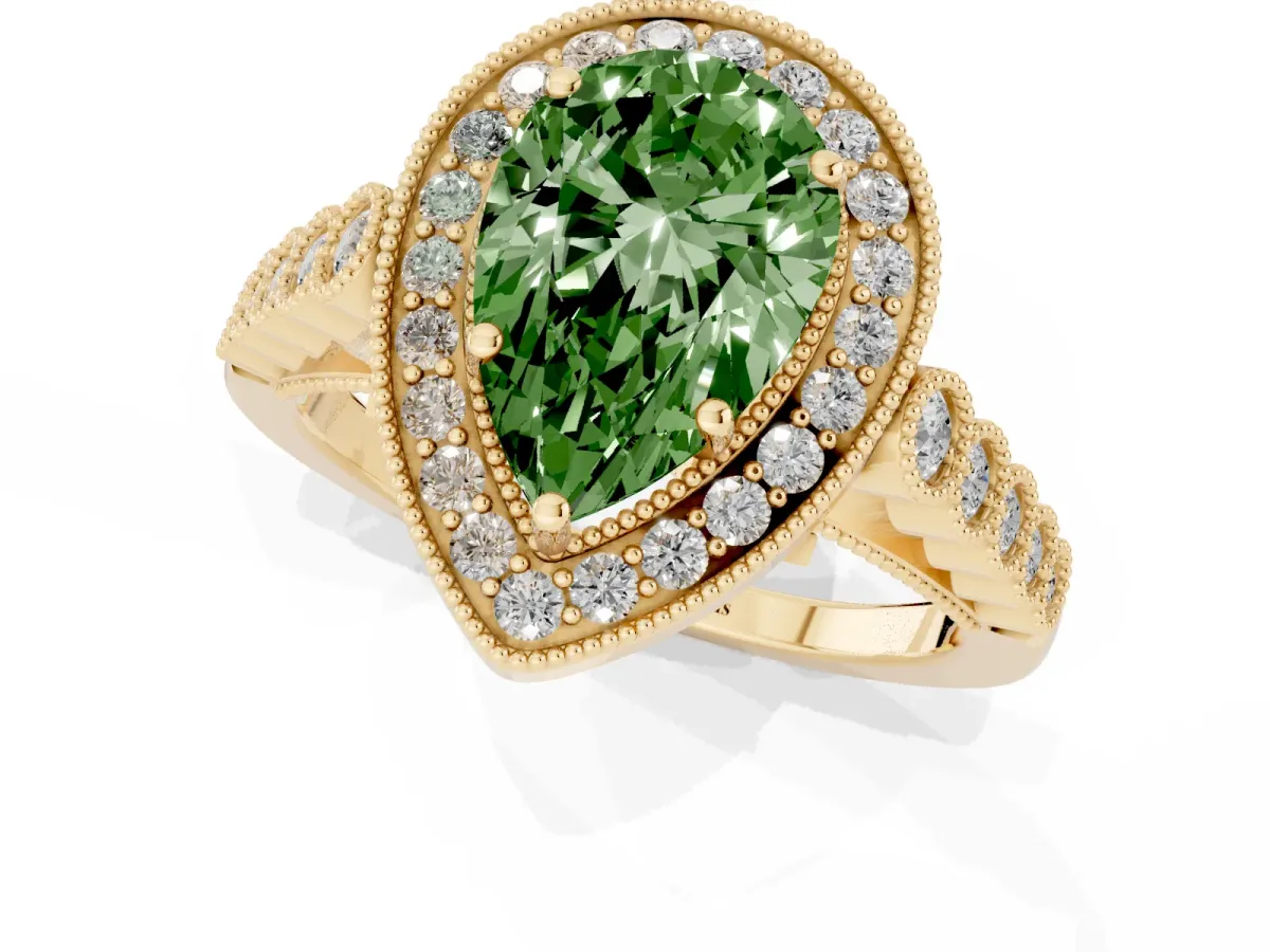 Fancy Green Pear Cut Halo Twist Band Solitaire Ring with Six-Prong Setting Yellow gold