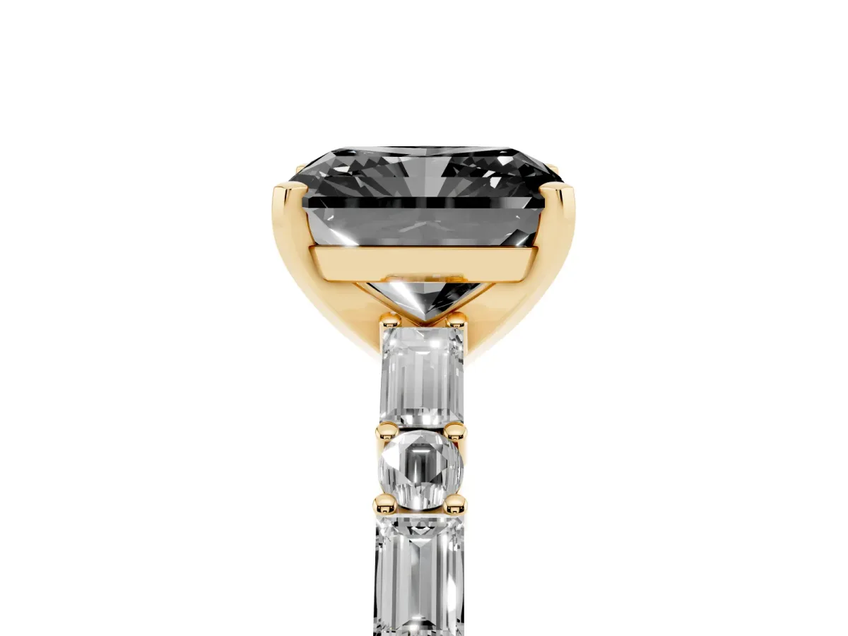 Fancy Black Radiant Cut Diamond Solitaire with Side Baguettes and Channel Set Band Yellow gold