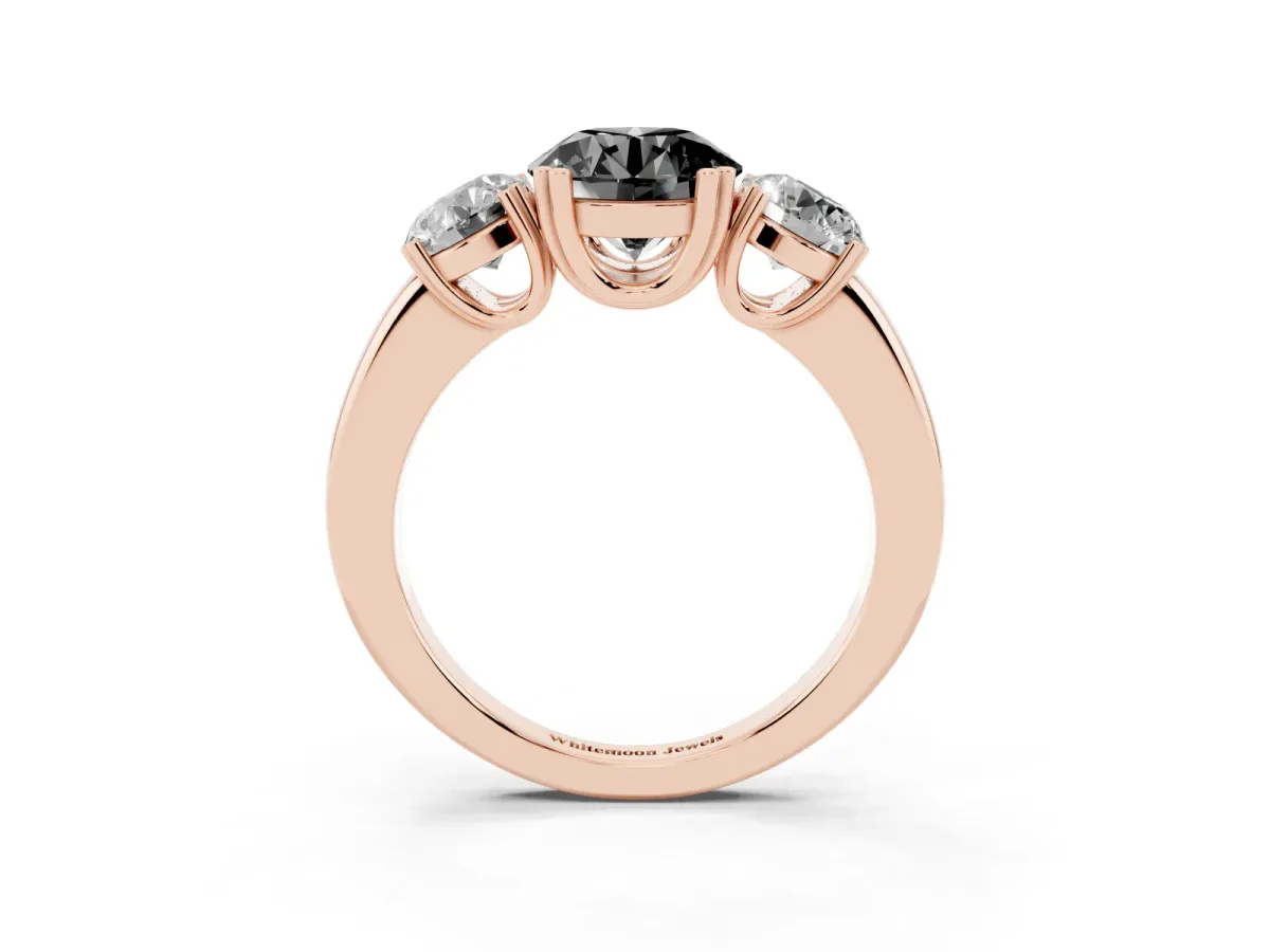 Fancy Black Three-Stone Round Cut Cut Diamond Ring with Channel Set Band and Four-Prong Setting Rose gold