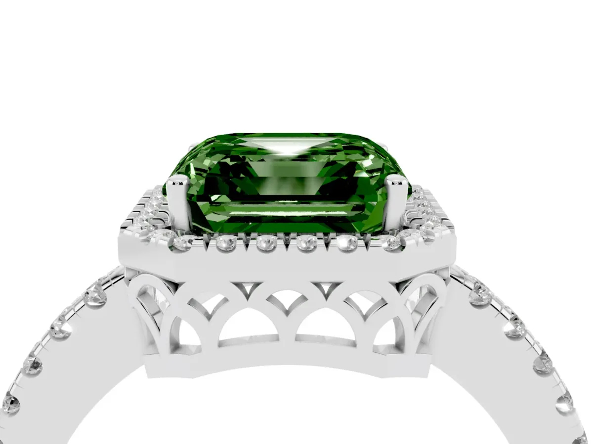 Fancy Green Asscher Cut Halo Diamond Engagement Ring with Pavé Band and Four-Prong Setting Platinum