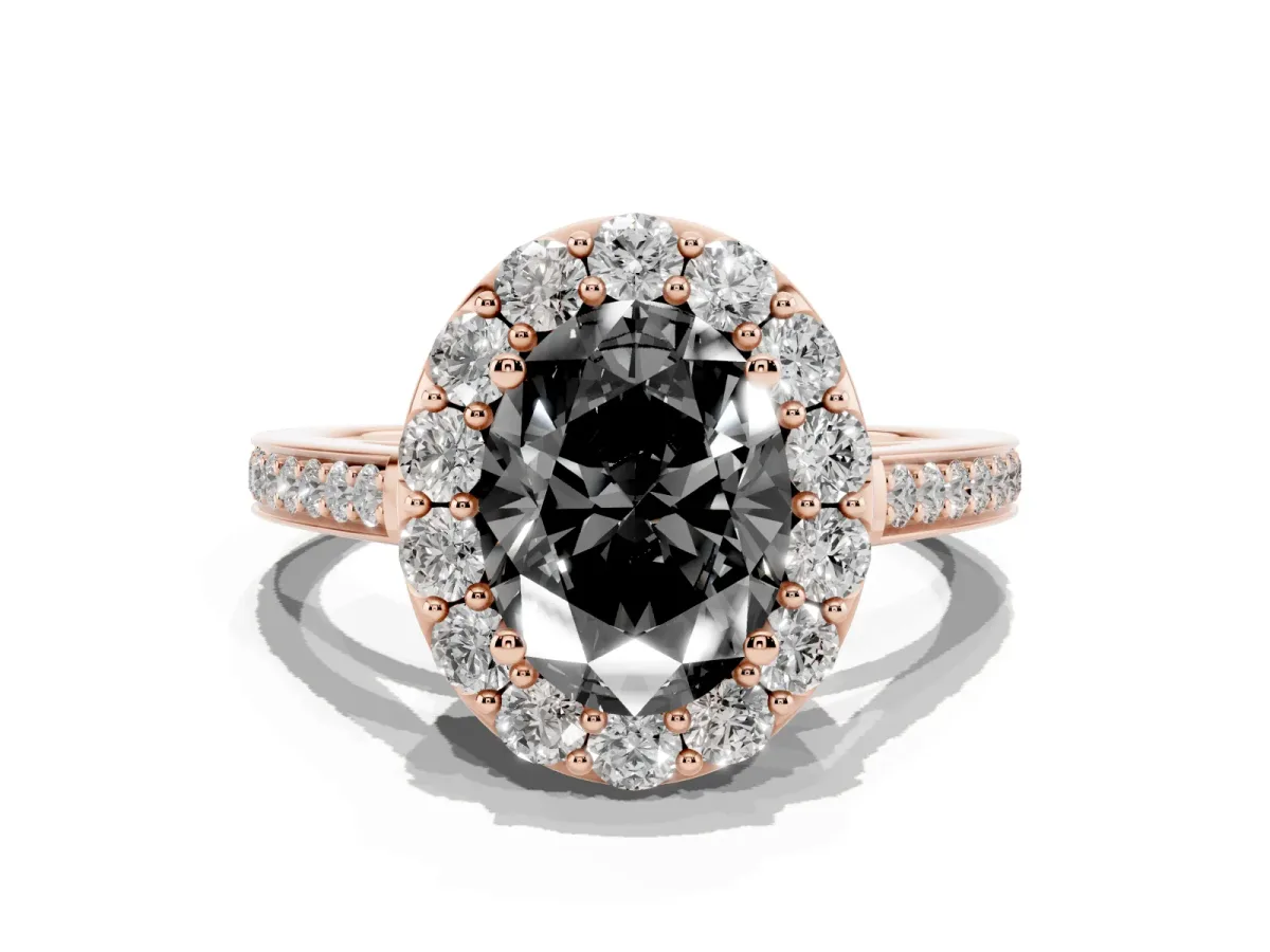 Fancy Black Oval Cut Diamond Floral Halo Ring with Pavé Band and Prong Setting Rose gold