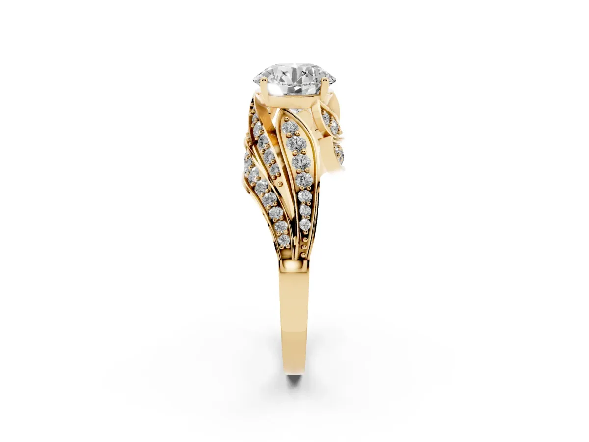 Round Cut Diamond Solitaire Ring with Prong Setting and Twisted Pavé Band Yellow gold
