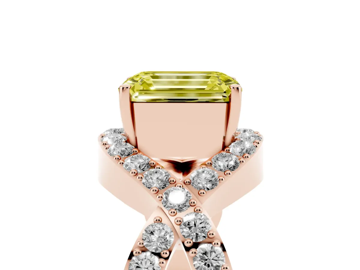 Fancy Yellow Emerald Cut Solitaire Twist Band Pavé Diamond Engagement Ring Rose gold