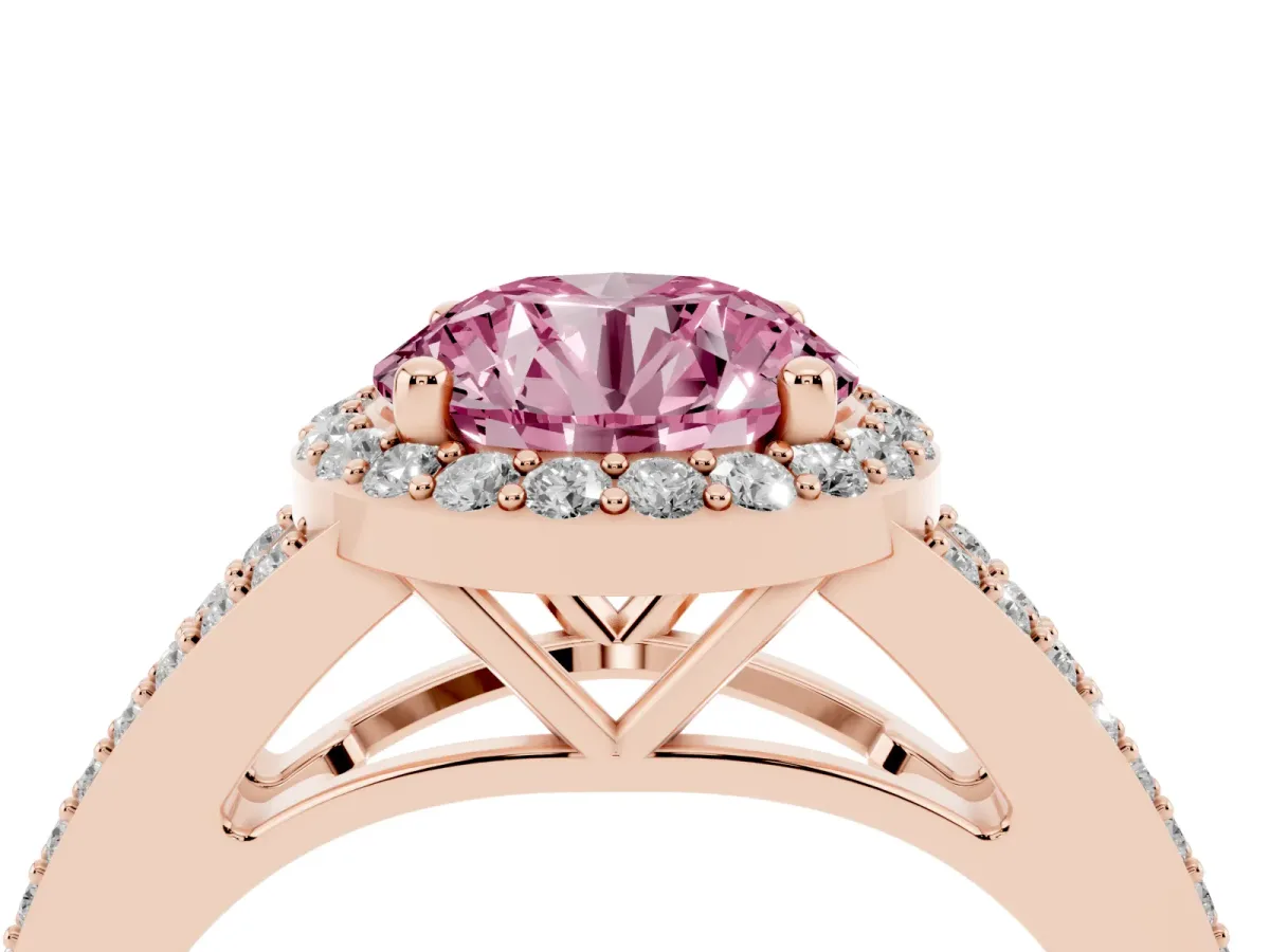 Fancy Pink Round Cut Halo Split Shank Diamond Ring with Prong Setting Rose gold
