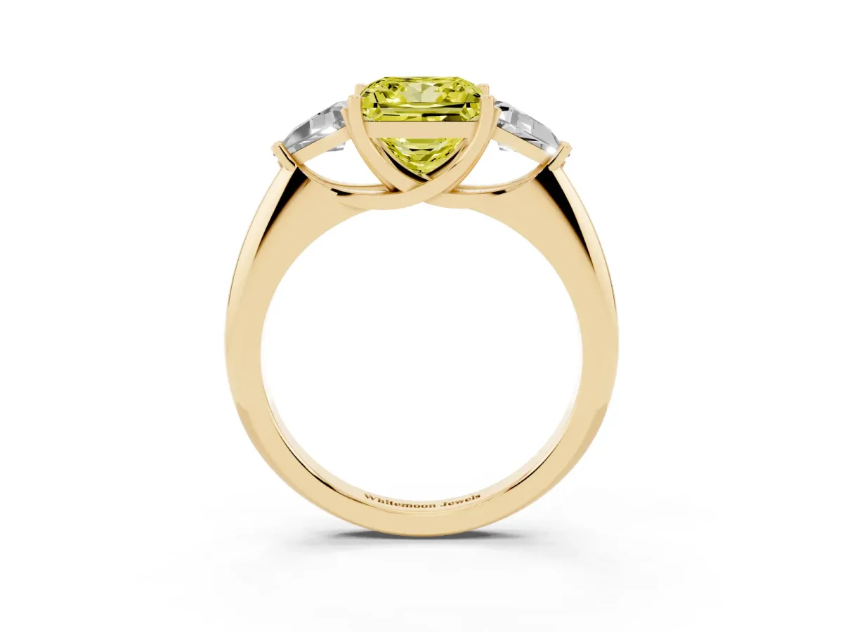 Fancy Yellow Three-Stone Princess Cut Diamond Engagement Ring with Trillion Side Stones and Prong Setting Yellow gold