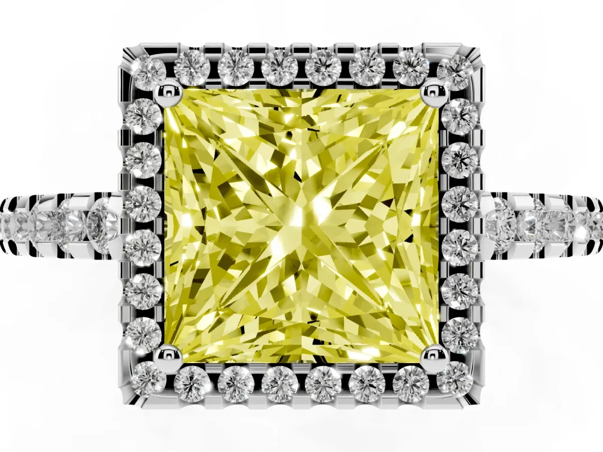 Fancy Yellow Princess Cut Diamond Halo Engagement Ring with Pavé Band and Prong Setting Silver