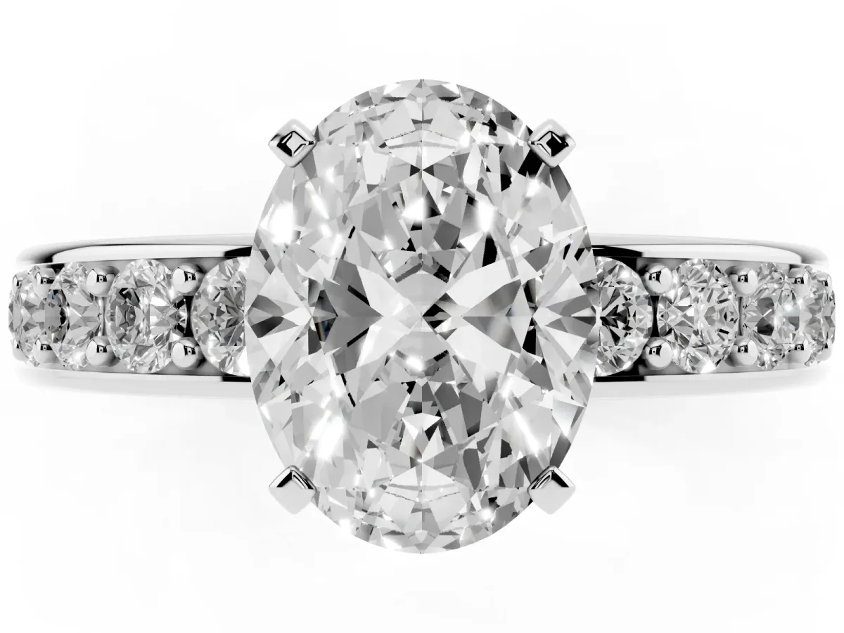 Oval Cut Diamond Engagement Ring with Channel Set Round Band and Prong Setting Platinum