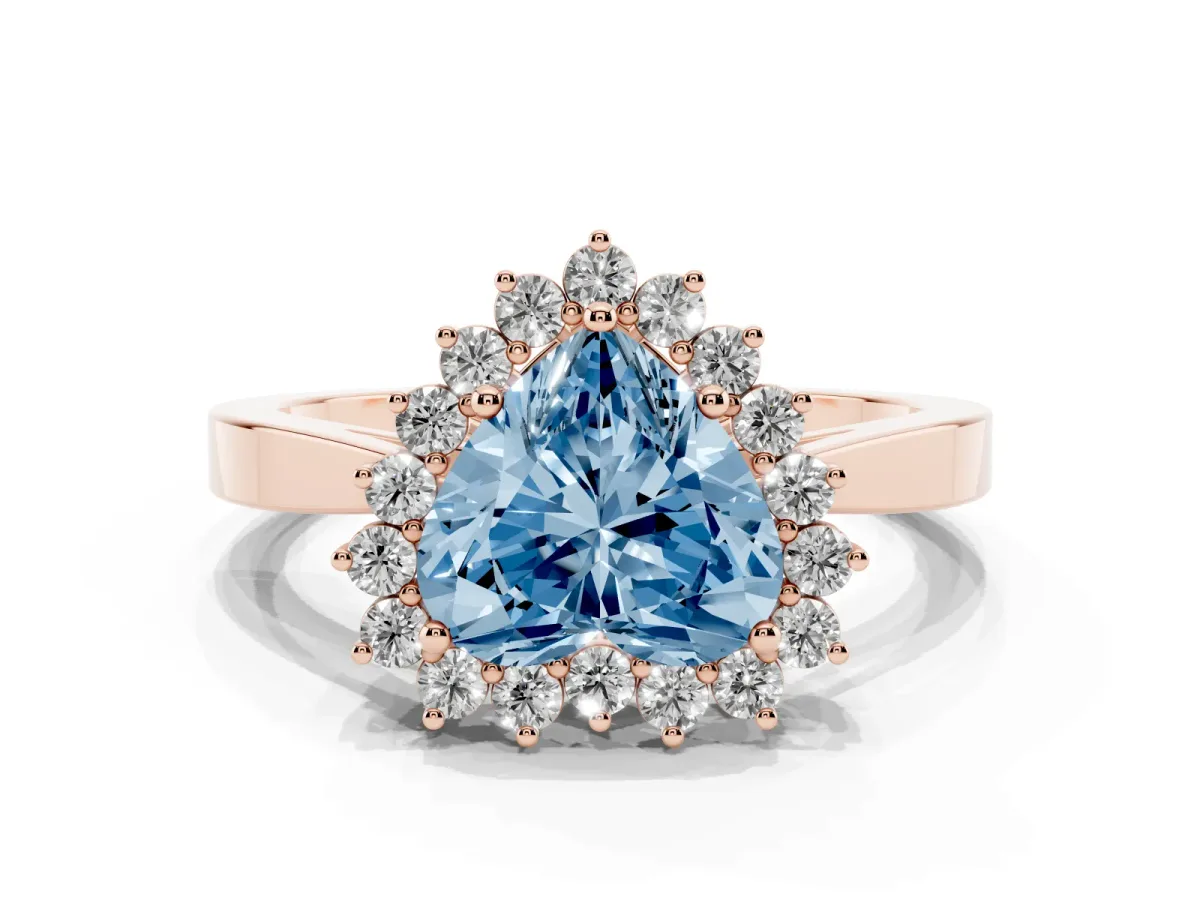 Fancy Blue Heart Cut Cut Diamond Halo Ring with Round Brilliant Halo and Solitaire Band Rose gold