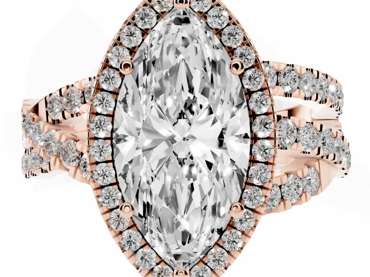 Marquise Cut Diamond Halo Ring with Round Split Shank and Prong Setting Rose gold