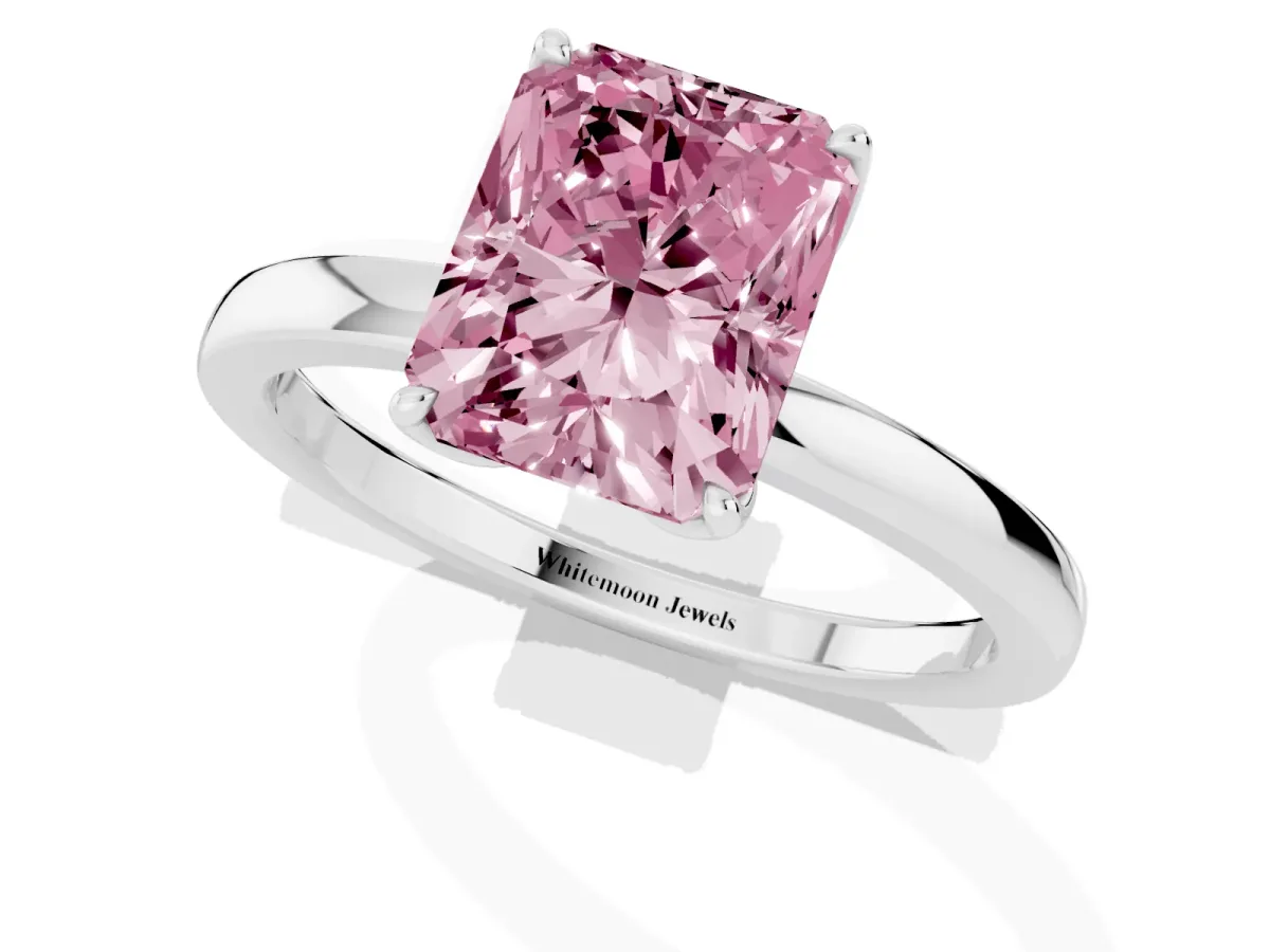 Fancy Pink Radiant Cut Diamond Solitaire Ring with Thin Band and Prong Setting White gold