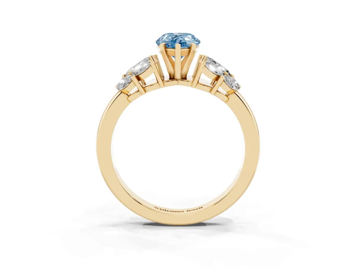 Fancy Blue Pear Cut Diamond Cluster Leaf Design Ring with Prong Setting Yellow gold