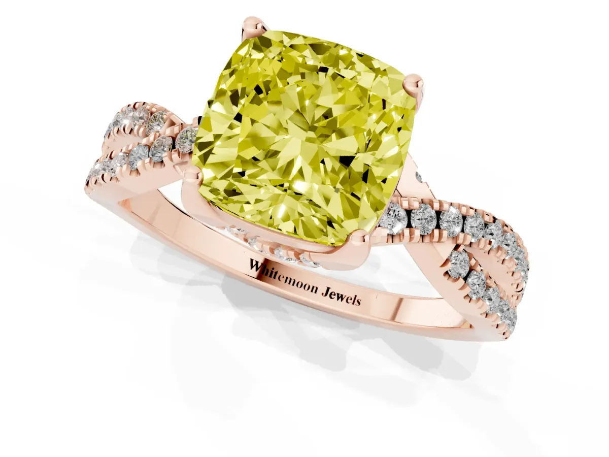 Fancy Yellow Cushion Cut Solitaire Twist Pave Diamond Engagement Ring with Prong Setting Rose gold