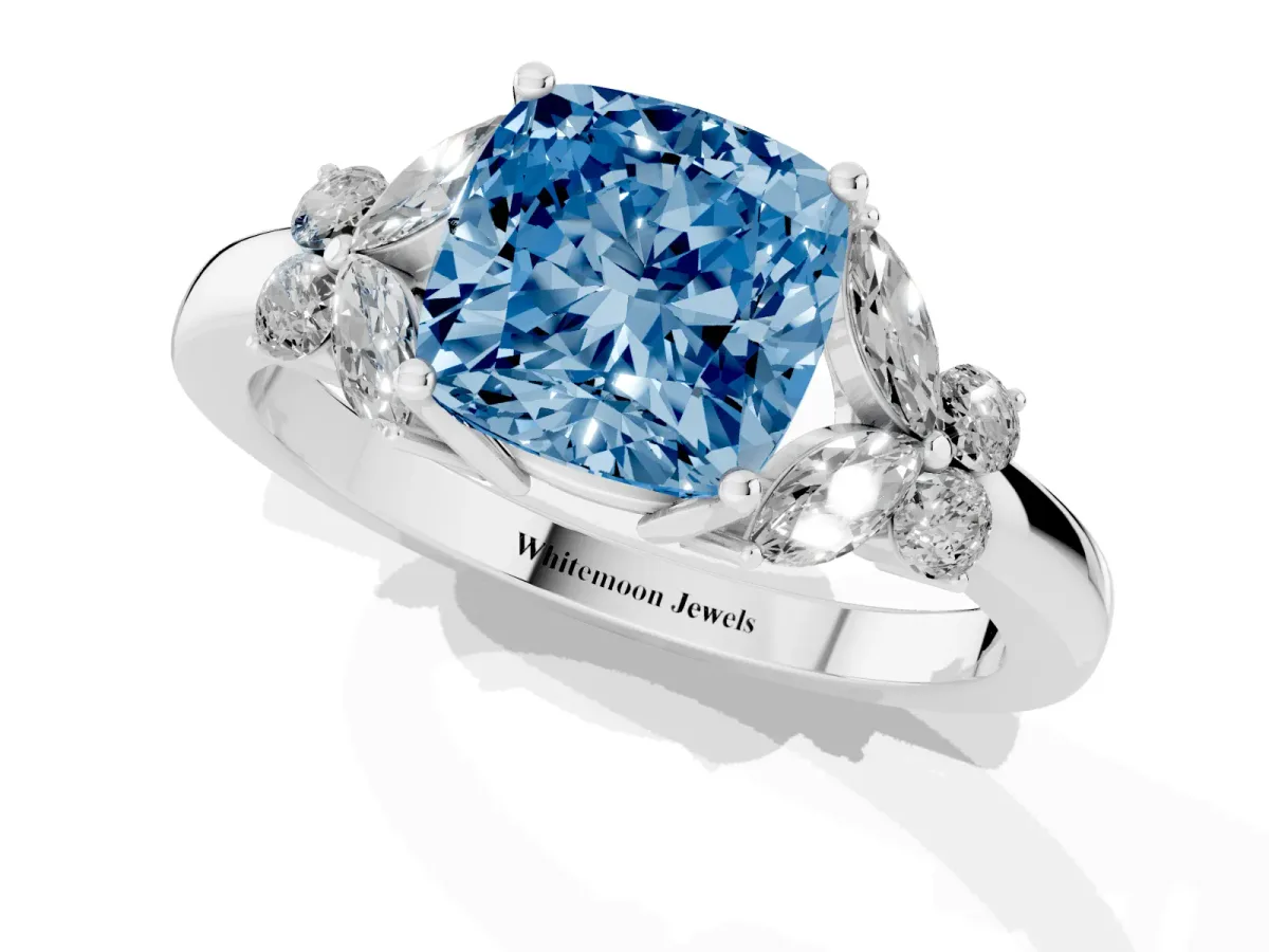 Fancy Blue Cushion Cut Cut Solitaire Floral Diamond Ring with Four-Prong Setting Silver