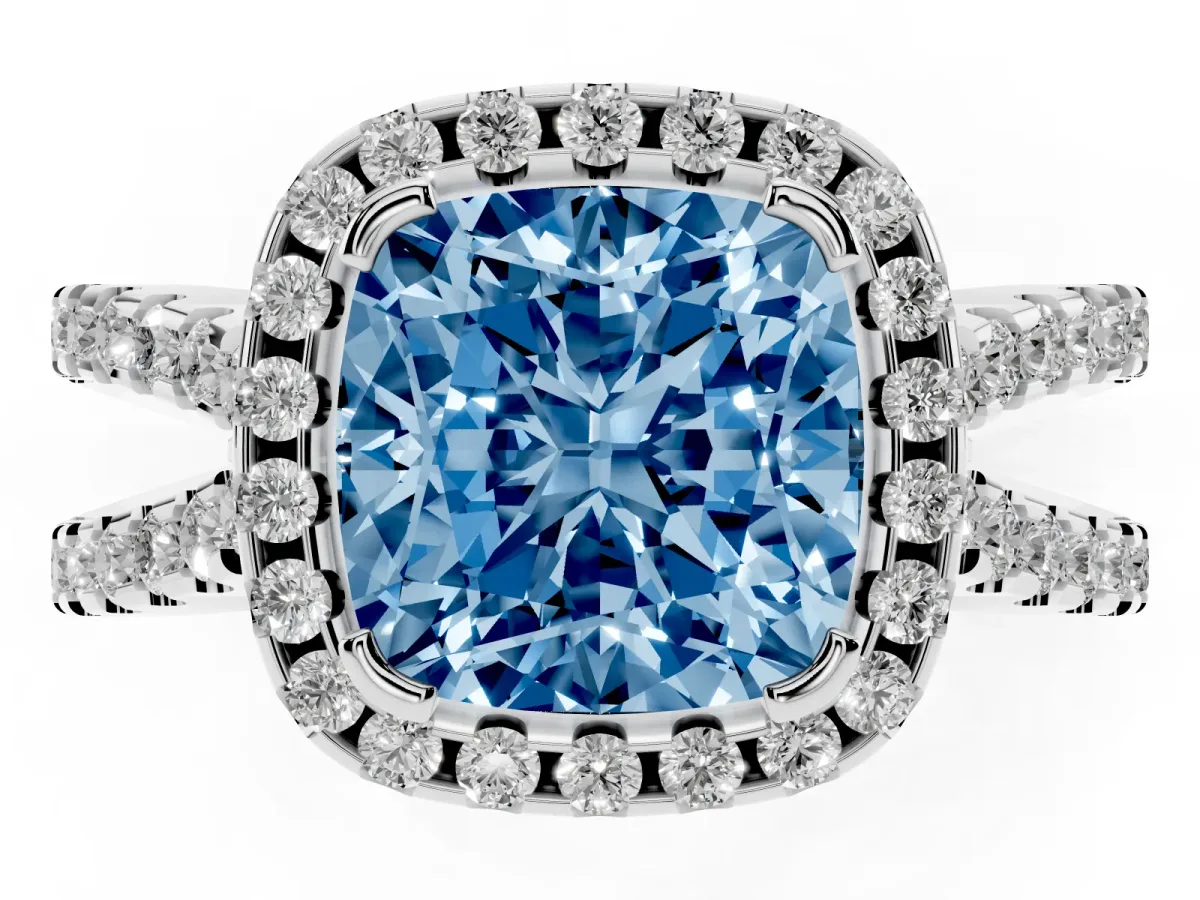Fancy Blue Cushion Cut Diamond Halo Ring with Split Shank Pavé Band and Prong Setting Silver