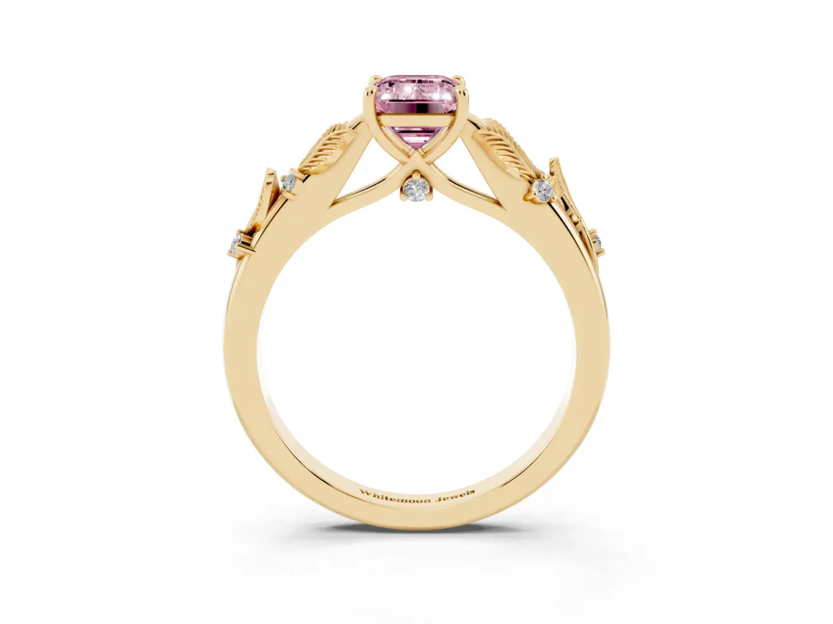 Fancy Pink Emerald Cut Diamond Solitaire Ring with Leaf Motif Band and Four-Prong Setting Yellow gold