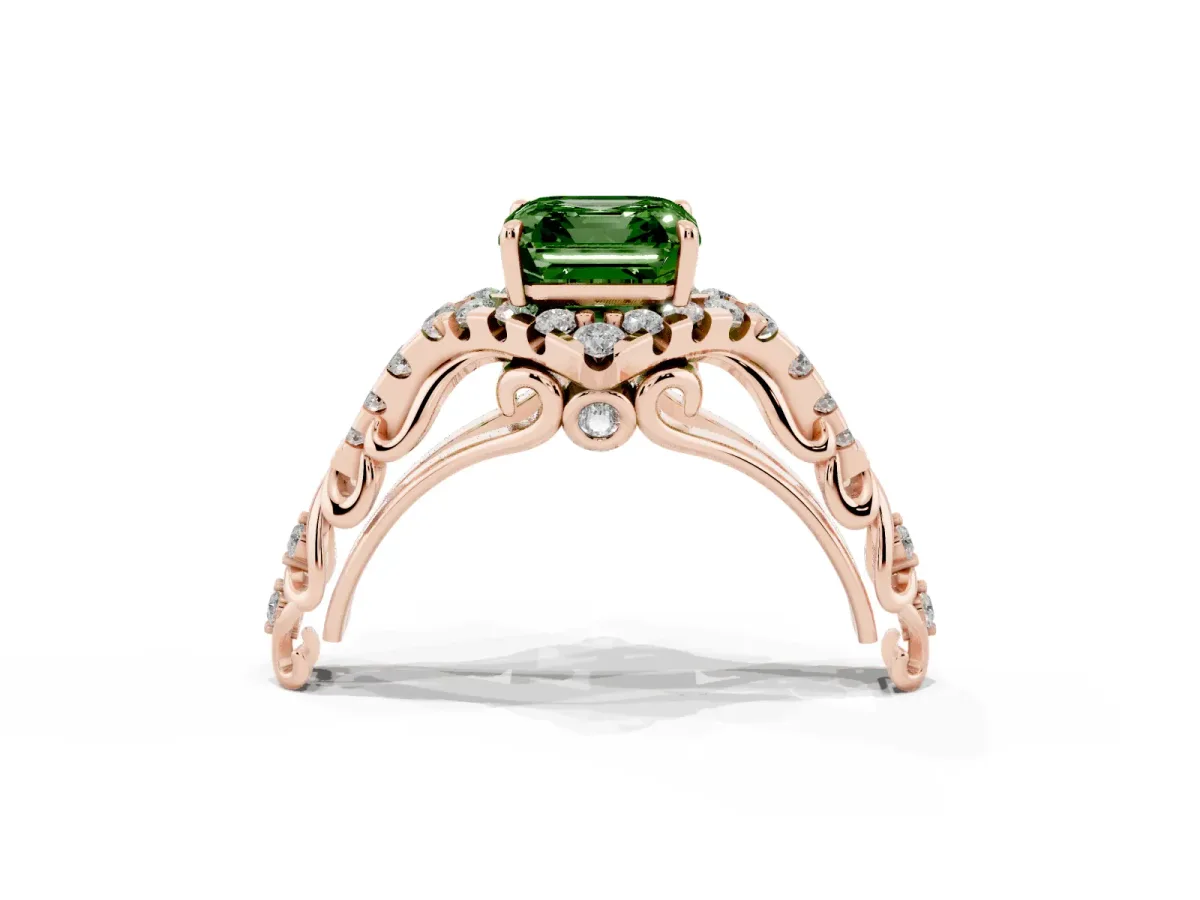 Fancy Green Asscher Cut Diamond Solitaire Ring with Hidden Halo and Pavé Band Rose gold