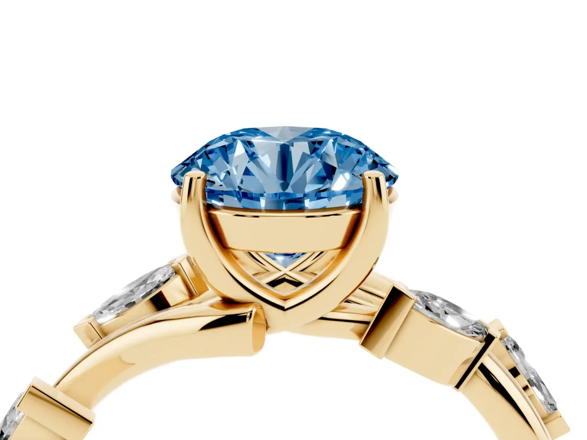 Fancy Blue Round Cut Solitaire Twisted Band Marquise Accent Prong Setting Ring Yellow gold
