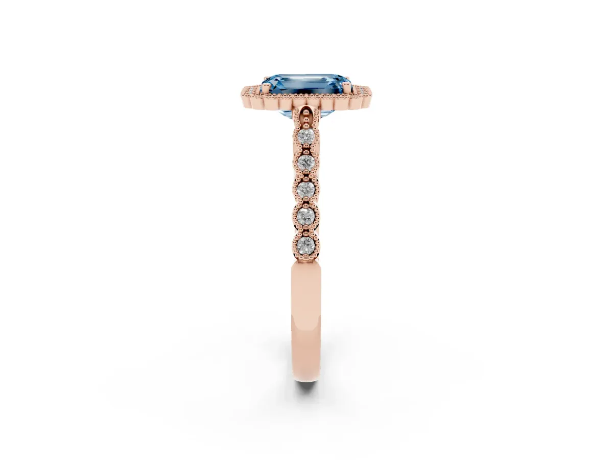Fancy Blue Emerald Cut Cut Halo Pavé Solitaire Ring with Milgrain Band Rose gold