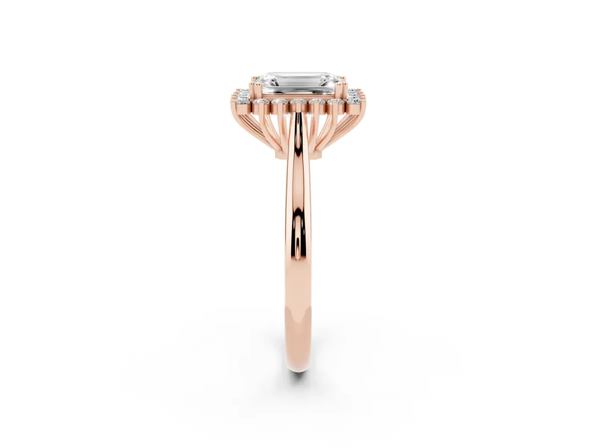 Emerald Cut Cut Diamond Halo Ring with Solitaire Band and Prong Setting Rose gold