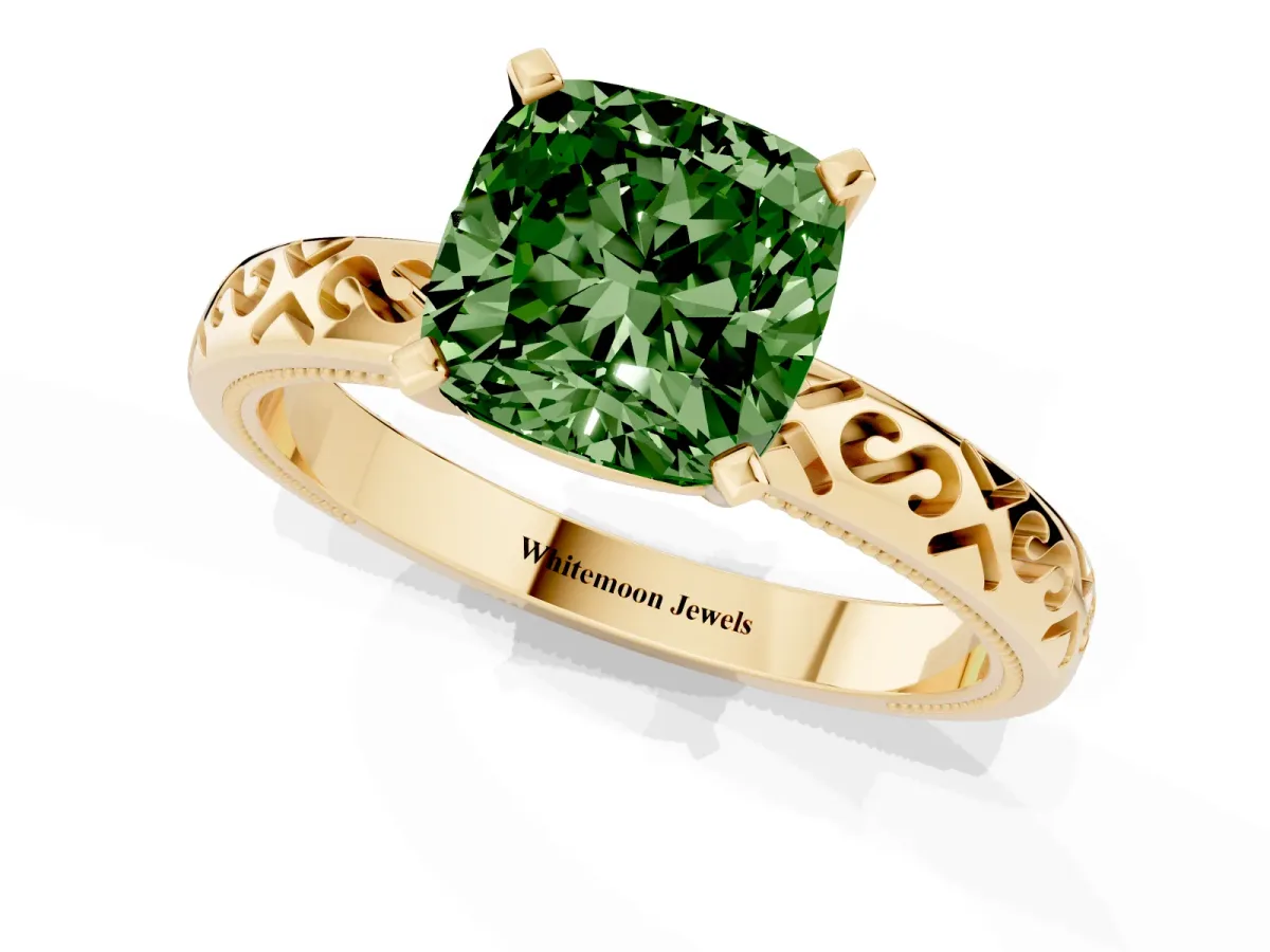 Fancy Green Cushion Cut Solitaire Engagement Ring with Scrollwork Band and Four-Prong Setting Yellow gold