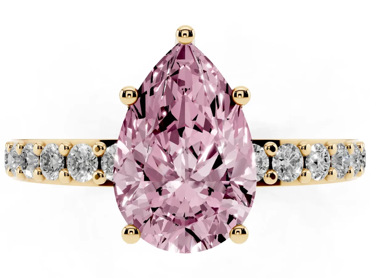 Fancy Pink Pear Cut Cut Diamond Solitaire with Pave Band and Four-Prong Setting Yellow gold