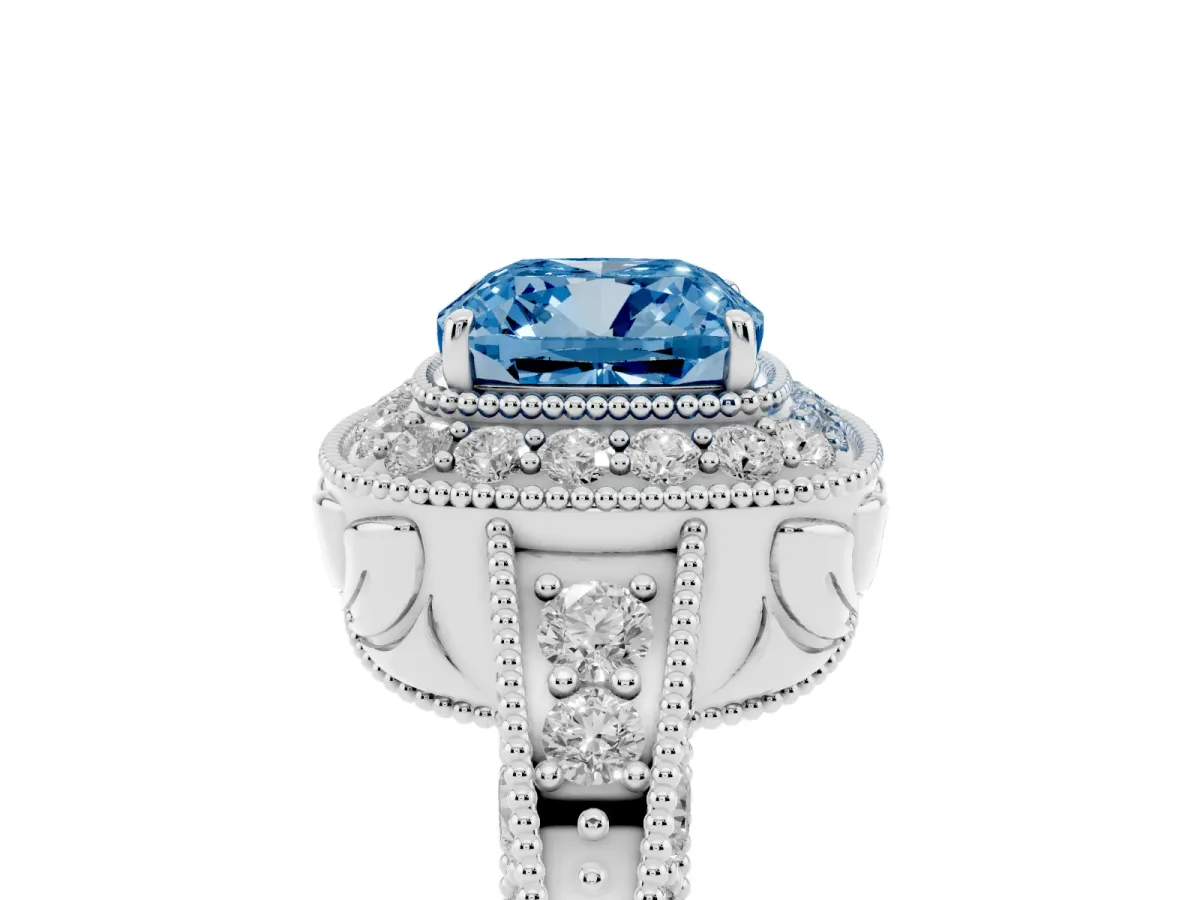 Fancy Blue Cushion Cut Halo Diamond Split Shank Ring with Milgrain Detail Silver