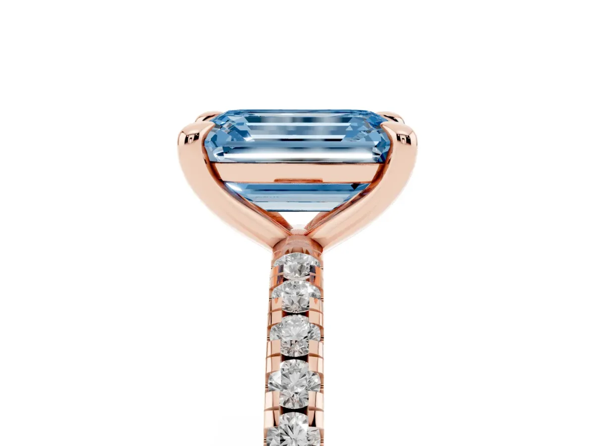 Fancy Blue Emerald Cut Diamond Brilliant Solitaire Ring with Pavé Band and Four-Prong Setting Rose gold