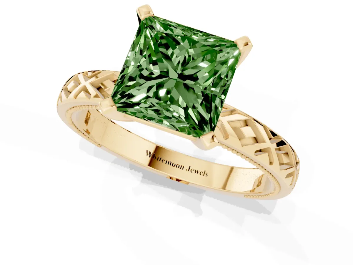 Fancy Green Princess Cut Solitaire Diamond Ring with Milgrain and Black Enamel X Pattern Band Yellow gold