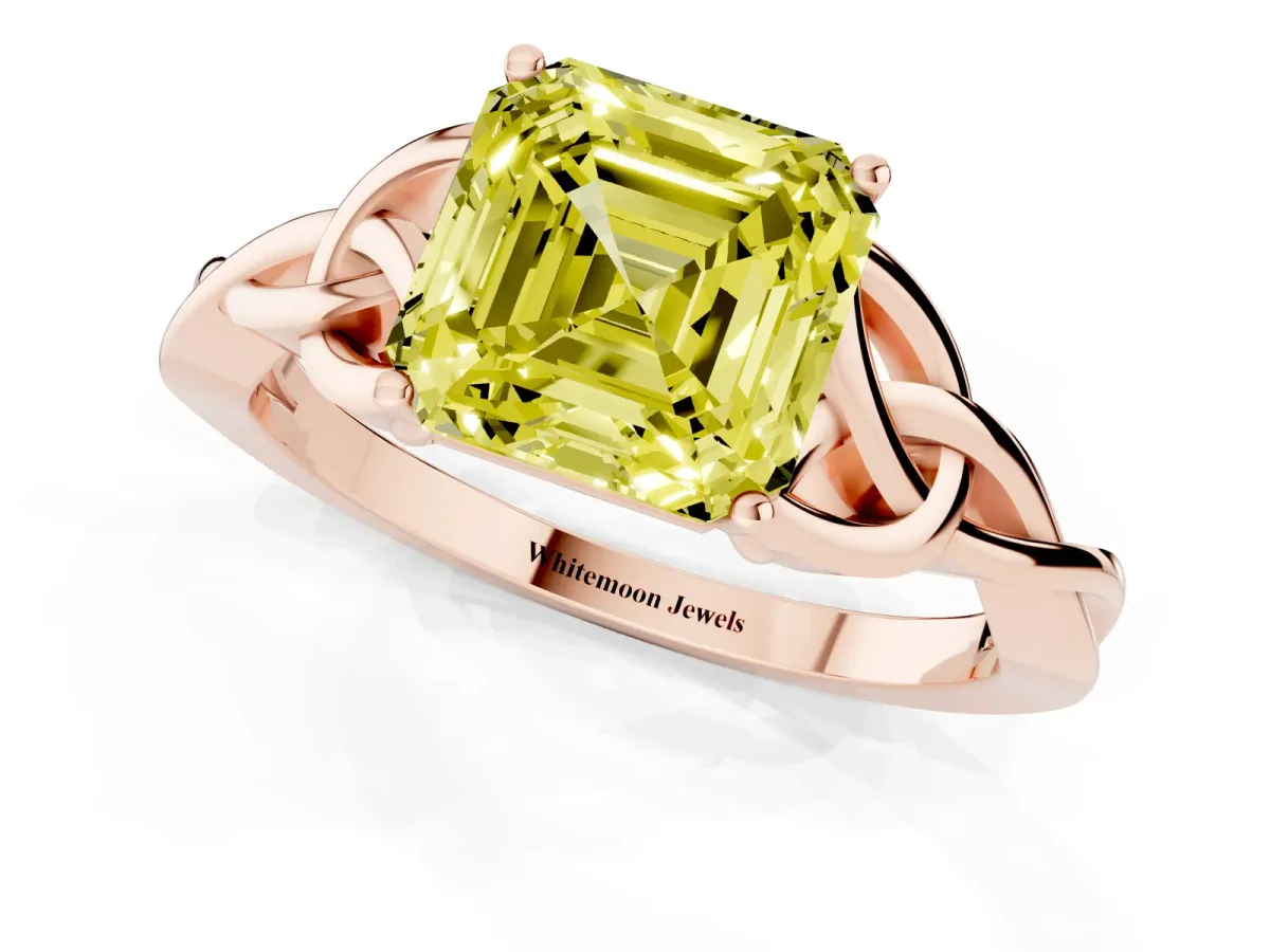 Fancy Yellow Asscher Cut Diamond Solitaire Engagement Ring with Celtic Knot Band and Four-Prong Setting Rose gold