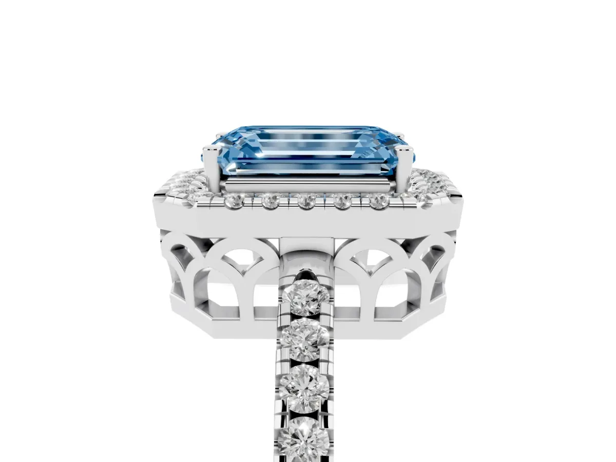 Fancy Blue Emerald Cut Halo Diamond Engagement Ring with Pavé Band and Four-Prong Setting White gold