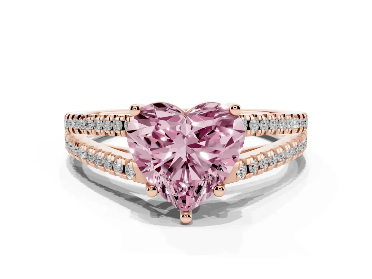 Fancy Pink Heart Cut Diamond Solitaire Engagement Ring with Split Shank Pavé Band Rose gold