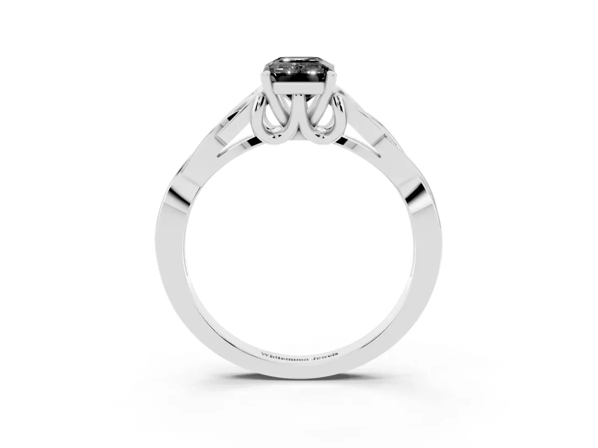Fancy Black Emerald Cut Diamond Solitaire Engagement Ring with Celtic Knot Band and Four-Prong Setting Silver