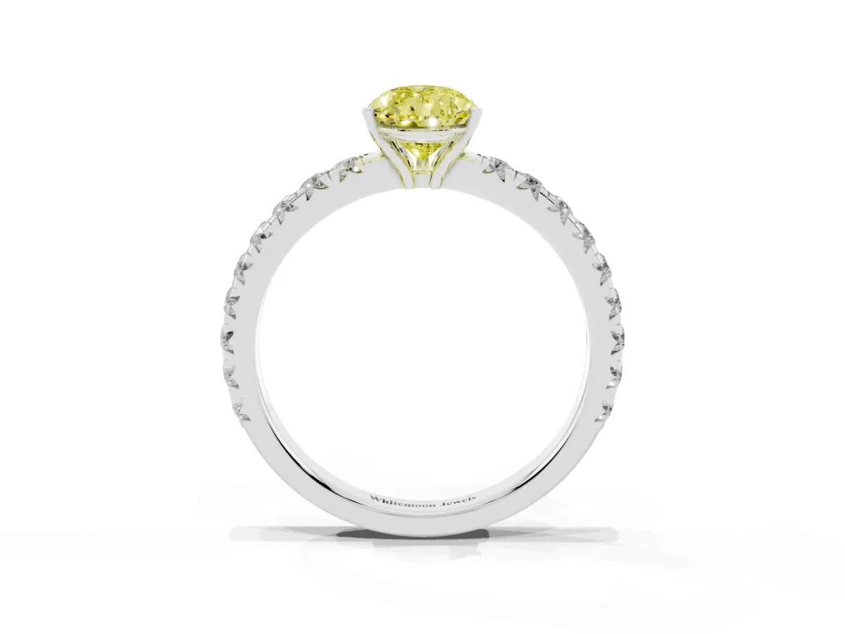 Fancy Yellow Pear Cut Diamond Pavé Solitaire Engagement Ring with Four-Prong Setting Platinum