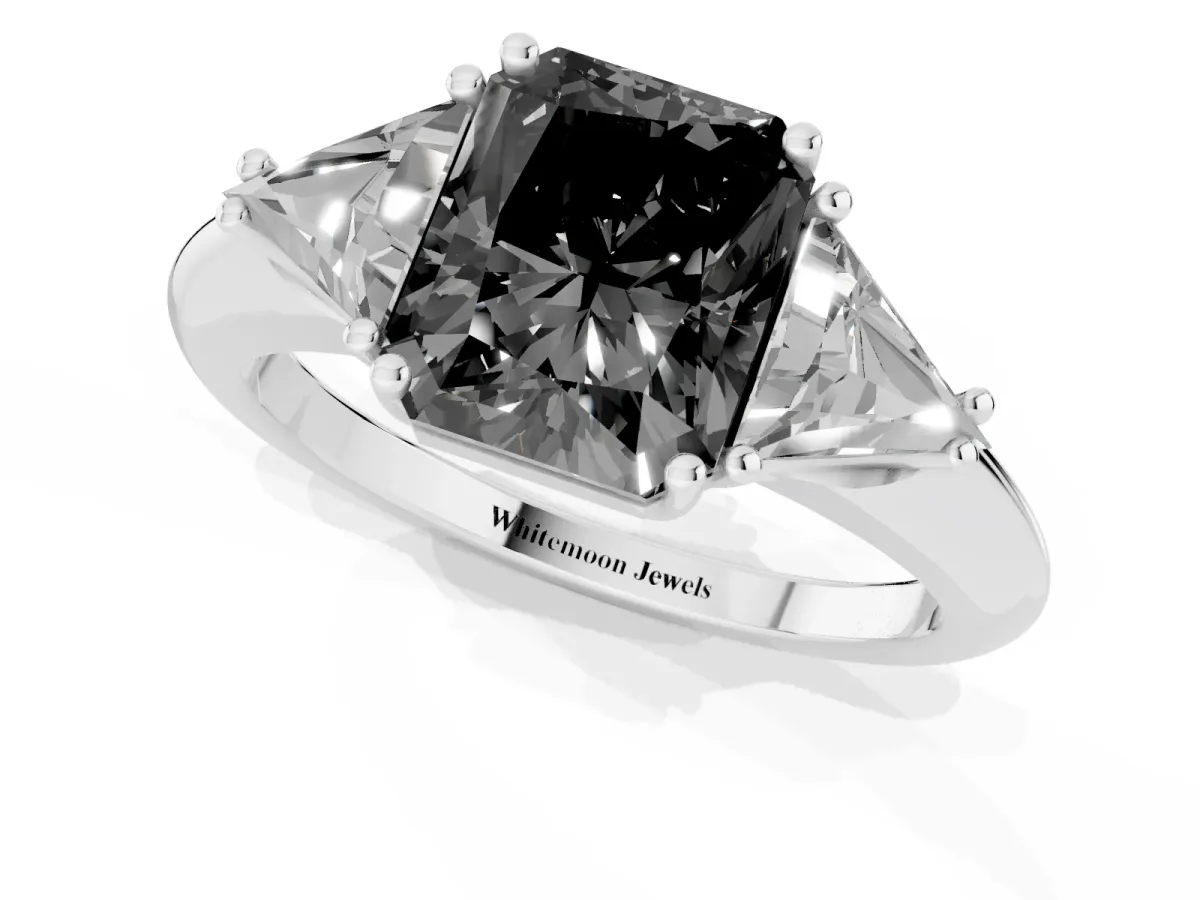 Fancy Black Three-Stone Radiant Cut Diamond Engagement Ring with Trillion Side Stones and Prong Setting Silver