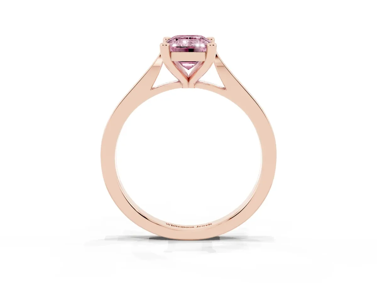 Fancy Pink Emerald Cut Solitaire Diamond Ring with Four-Prong Setting and Tapered Band Rose gold
