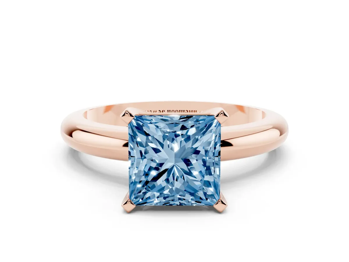 Fancy Blue Princess Cut Diamond Solitaire Engagement Ring with Round Band and Four-Prong Setting Rose gold