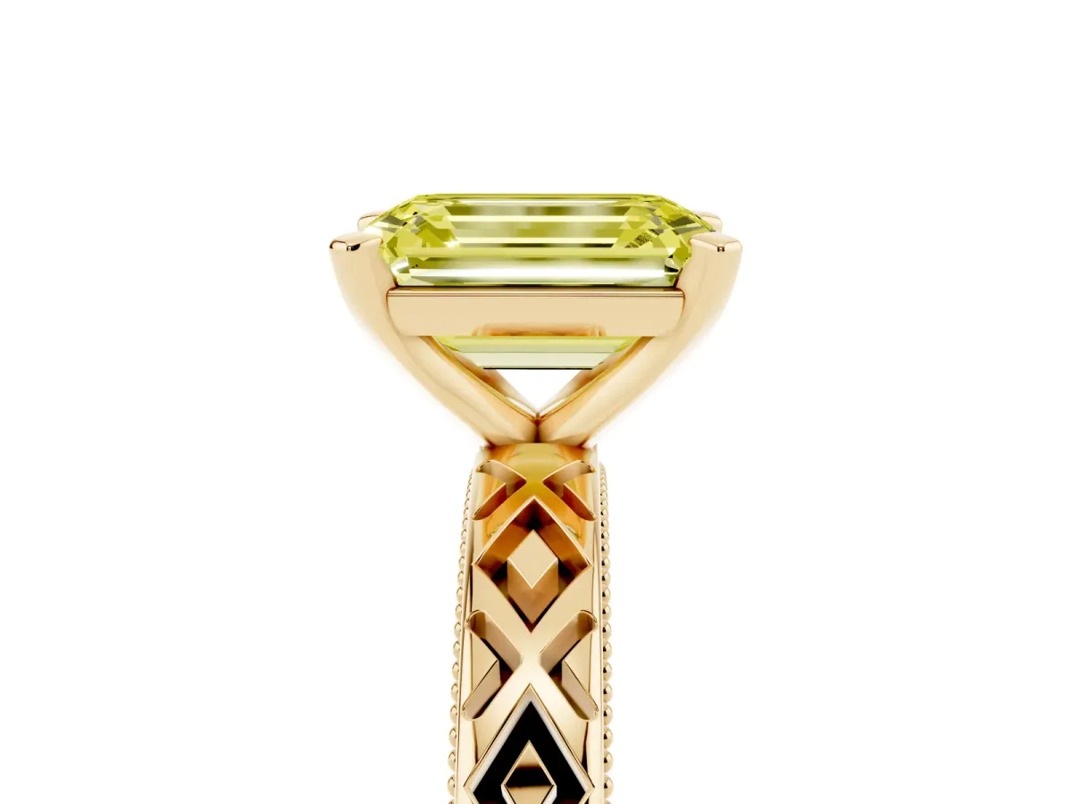 Fancy Yellow Emerald Cut Solitaire Diamond Ring with Milgrain and Black Enamel X Pattern Band Yellow gold