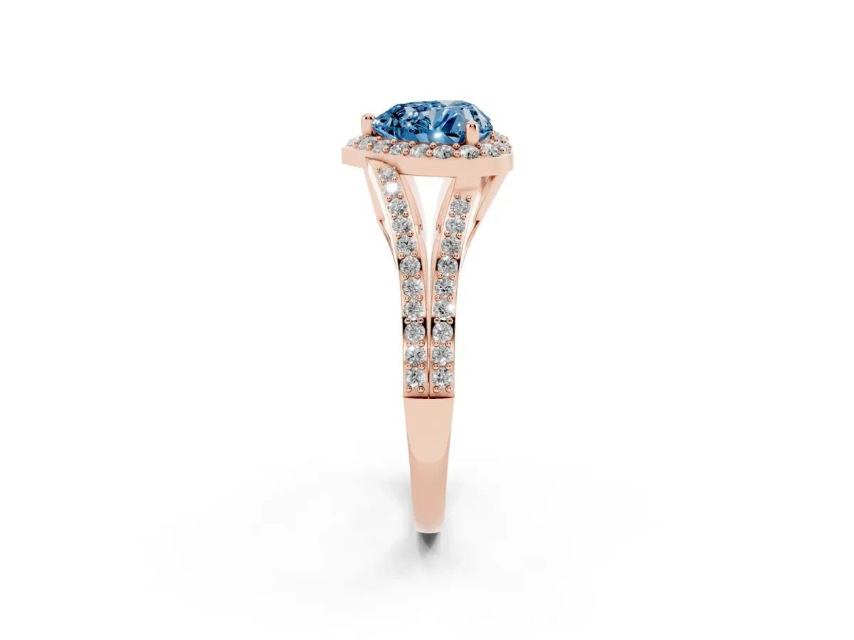 Fancy Blue Heart Cut Halo Split Shank Pave Diamond Ring with Four-Prong Setting Rose gold