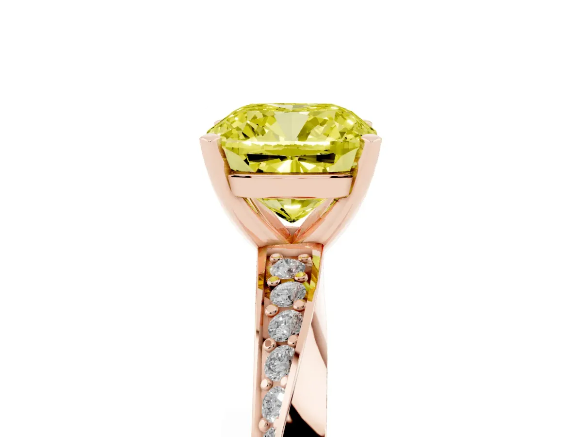 Fancy Yellow Cushion Cut Diamond Engagement Ring with Side Stone Accents and Four-Prong Setting Rose gold