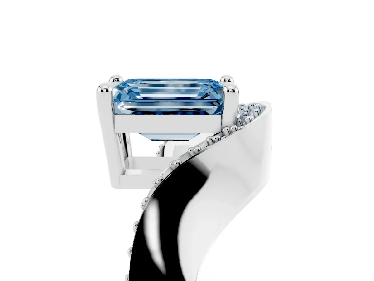 Fancy Blue Emerald Cut Solitaire Diamond Engagement Ring with Pave Band and Four-Prong Setting Silver
