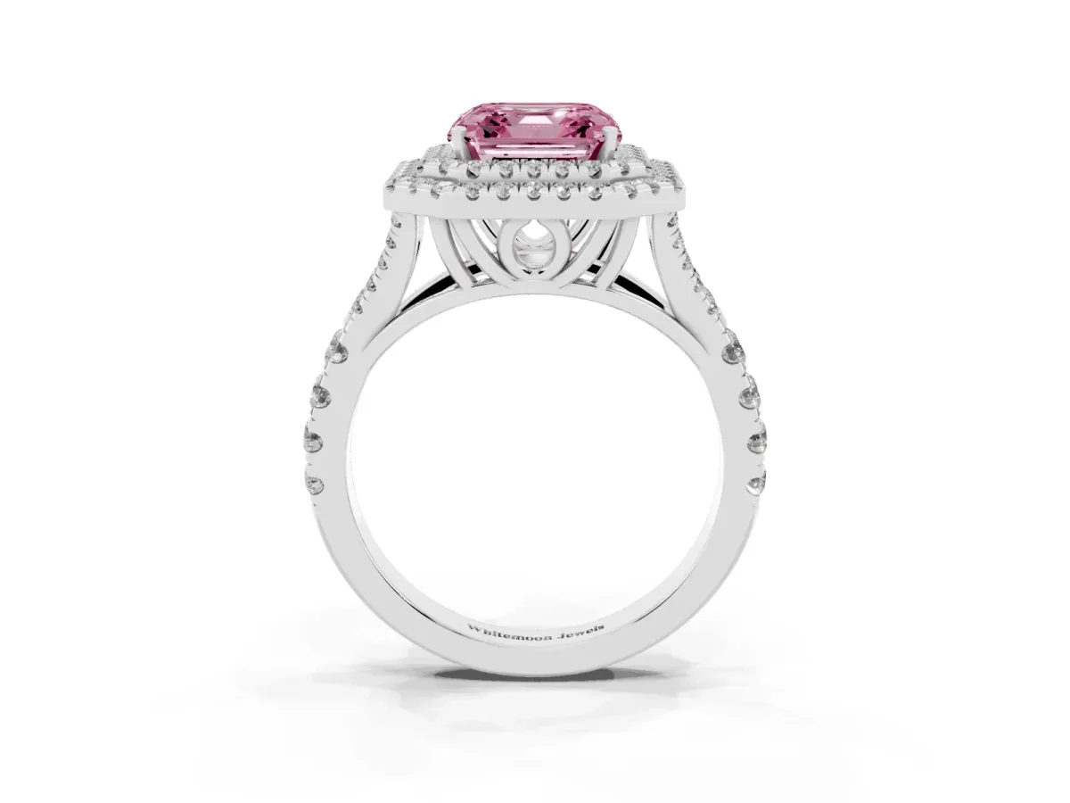 Fancy Pink Asscher Cut Diamond Pavé Split Shank Double Halo Engagement Ring Silver