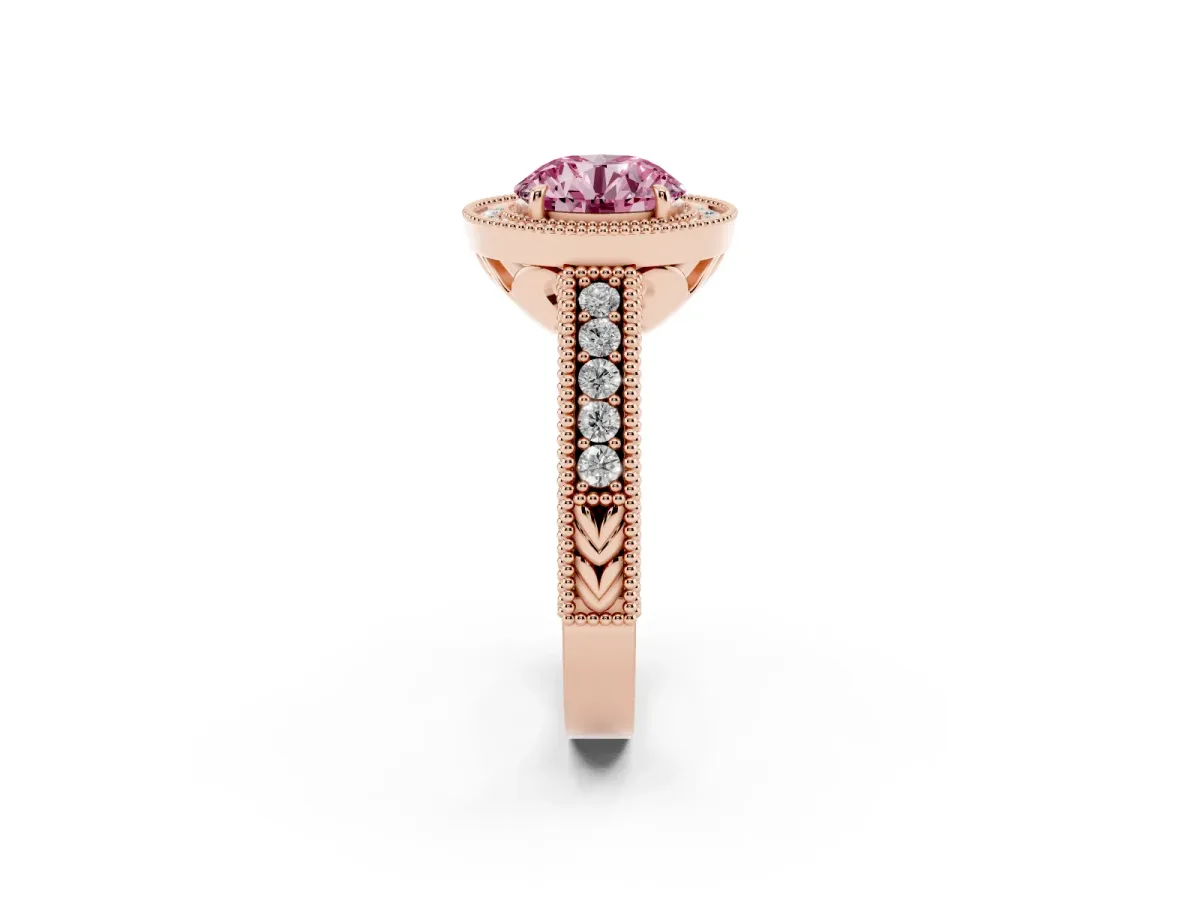 Fancy Pink Round Cut Cut Halo Diamond Ring with Pavé Band and Four-Prong Setting Rose gold