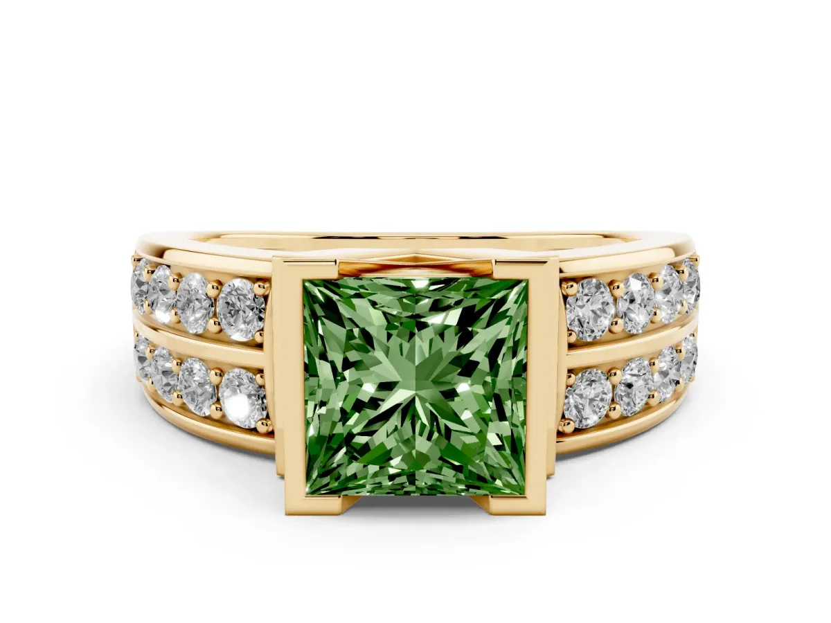 Fancy Green Princess Cut Brilliant Diamond Channel Set Wide Band Ring with Bezel Setting Yellow gold