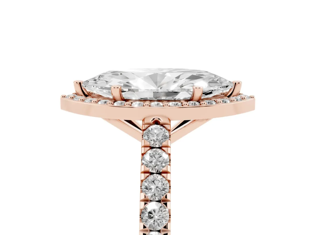 Marquise Cut Cut Halo Diamond Engagement Ring with Pave Band and Four-Prong Setting Rose gold